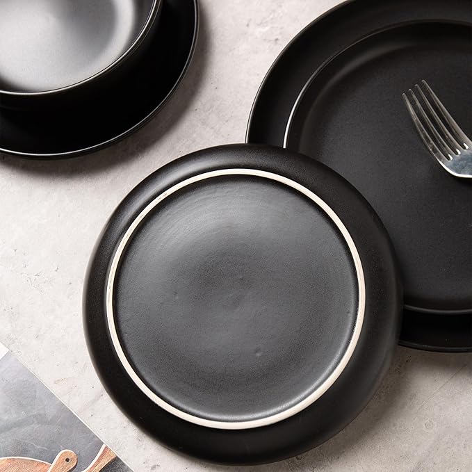 12-Piece Matte Black Dinnerware Set,Stoneware Dinnerware for 4, Microwave & Dishwasher Safe, Stackable Design for Kitchen and Dining - Plates and Bowls