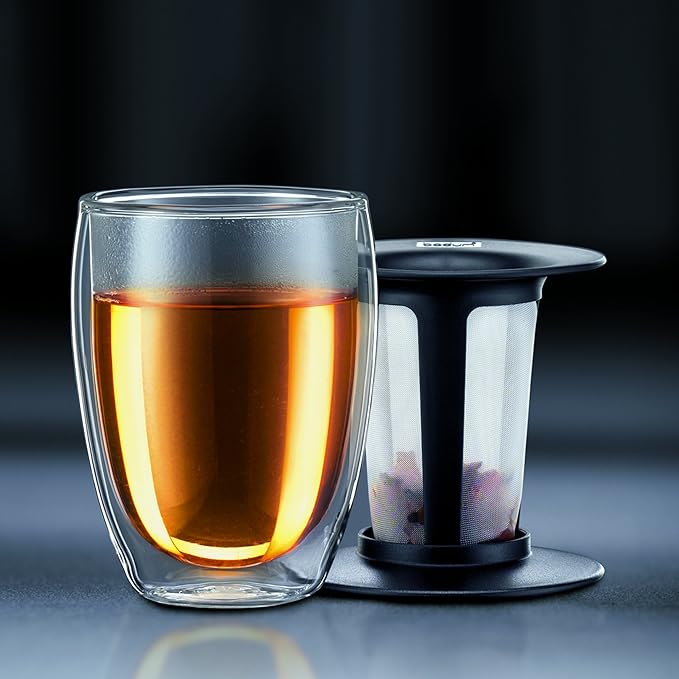 Bodum 12oz Tea Strainer w/Lid, Double Wall, High-Heat Borosilicate Glass, Black (Pack of 4)