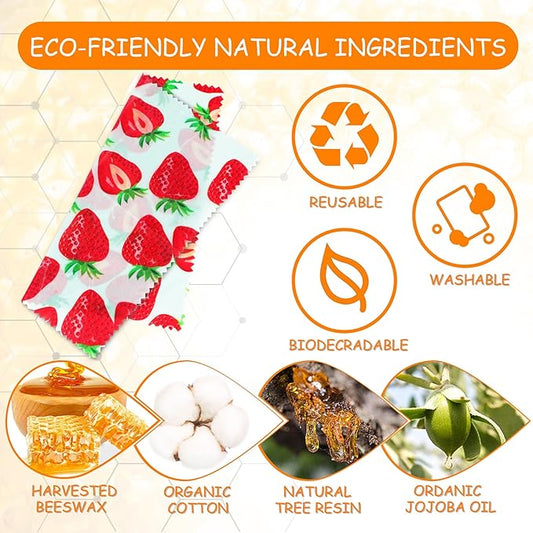 Reusable Beeswax Wrap, 11 Pack Eco-Friendly Beeswax Wraps For Food, Organic, Sustainable, Biodegradable, Zero Waste, Plastic-Free Food Storage, 1L Avocado, 2M Cherry, 4S Strawberry, 4XS Lemon Patterns