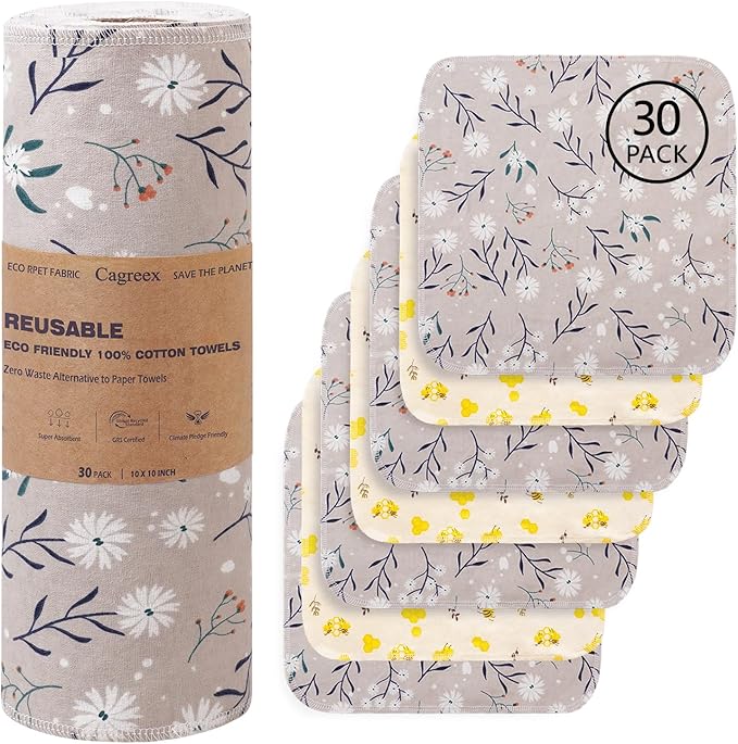 Reusable Dishcloths Kitchen Towels Cotton: 30 Packs 10X10 Washable Roll Paperless Paper Towels Absorbent Dishcloths Set Dish Tea Towel for Kitchen Drying (15Bee+15Daisy, 10×10")