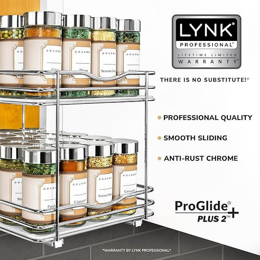 LYNK PROFESSIONAL® Pull Out Spice Rack Organizer for Inside Kitchen Cabinets - 8-3/8 inch Wide - Slide Out Drawer – Chrome Sliding Spice Cabinet Organization Shelf Racks - 2 Tier