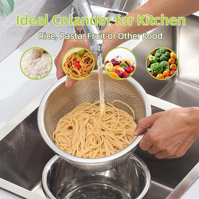 Colander Stainless Steel 304 with Mixing Bowls, 5QT Large Capability Strainers and Colanders for Kitchen, Pasta Strainer for Washing Vegetables, Fruit and Rice, Dishwasher Safe(2PCS)
