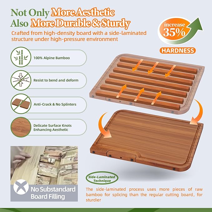 2-PCS Bamboo Cutting Board Set, Wood Cutting Board for Kitchen with Innovative Stand, Juice Groove & Handle, Double Sided for Chopping & Charcuterie Board, Kitchen Gift for Home Cooks, For Meat &Fruit