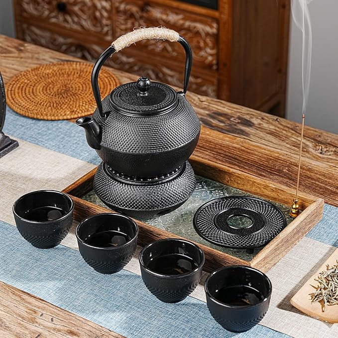 Sungmor Black Cast Iron Teapot Trivet - Heat-Resistant Japanese Tea Pot Stand, Textured Anti-Slip Base for Table and Counter Protection