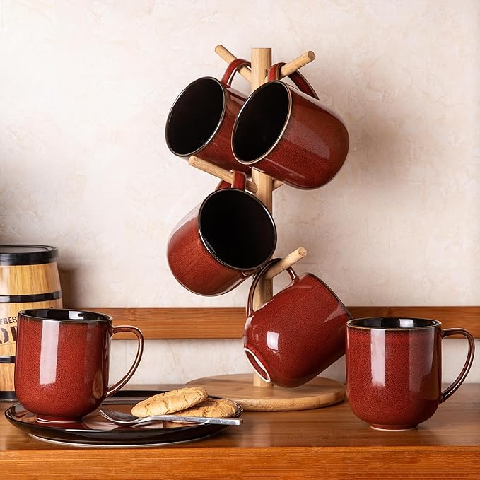LERATIO 12OZ Ceramic Coffee Mugs Set of 6, Large Porcelain Coffee Cups With Large Handle For Latte,Cappuccino,Milk,Cocoa,|Dishwasher&Microwave Safe Mug Sets,Ideal for Man,Woman,Dad, Mom-Red