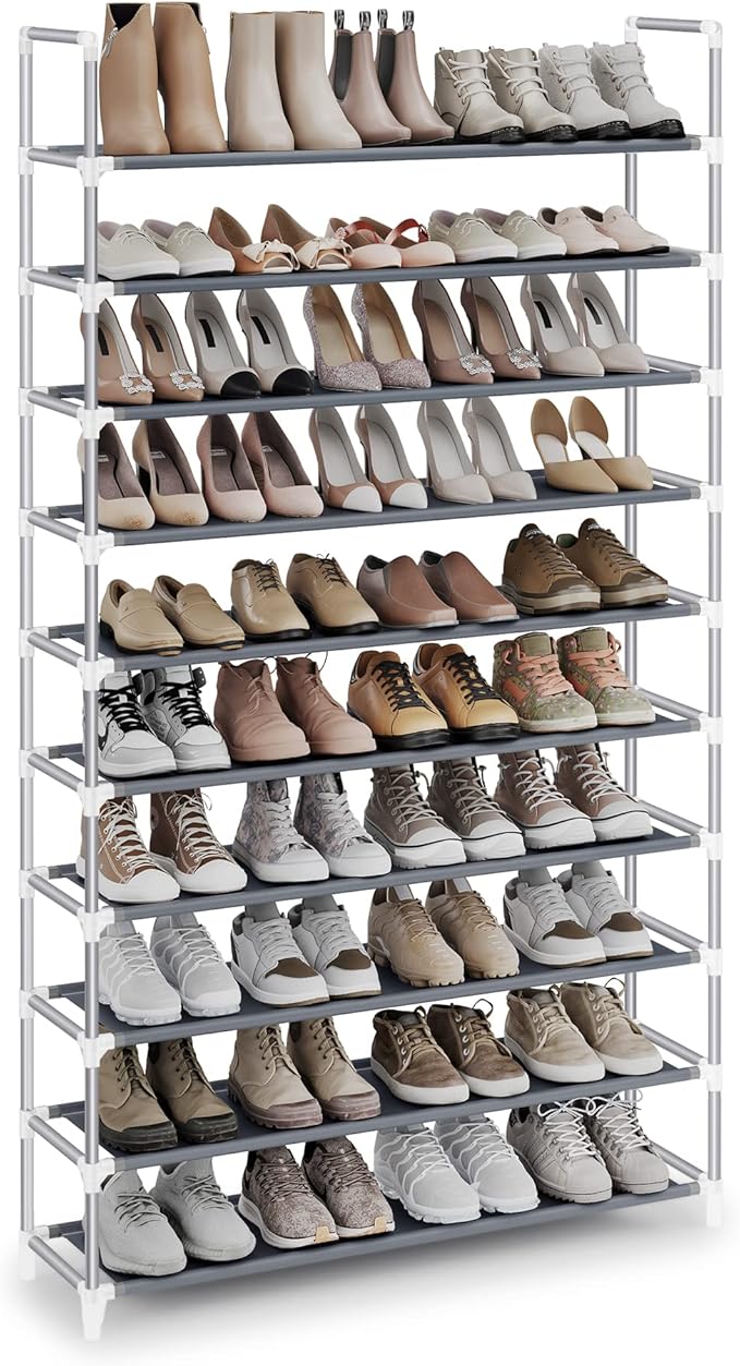 SONGMICS 10-Tier Shoe Rack, Shoe Storage for Hallway Closet, Slim and Space-Saving, Metal Frame, Non-Woven Fabric Shelves, Grey ULSR10G