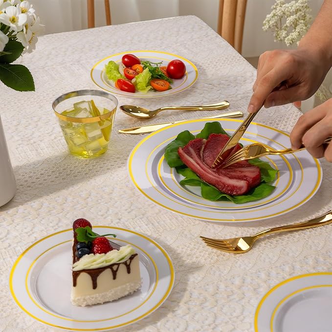 WELLIFE 300 PCS Gold Dinnerware Set for 50 Guests, Gold and White Disposable Plastic Plates for Party, 50 Dinner & Salad Plates, 50 Cups Forks Knives Spoons for Wedding and Party Supplies