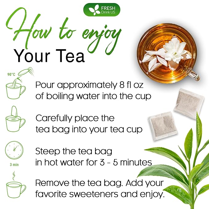 FreshDrinkUS, Premium 40 Jasmine Green Tea Bags, 100% Natural & Pure from Jasmine Green Herbal Tea. Made with Natural Material Tea Bags. No Sugar, No Gluten, Vegan.