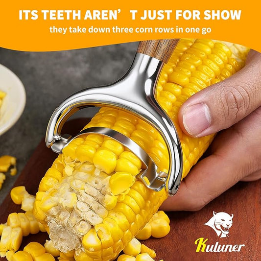 KULUNER Durable Stainless Steel Corn Peeler with Polished Wood Handle Corn on the Cob Stripper Kernel Remover Easy Use Corn Kernel Cutter Kitchen Gadget(Merbau)