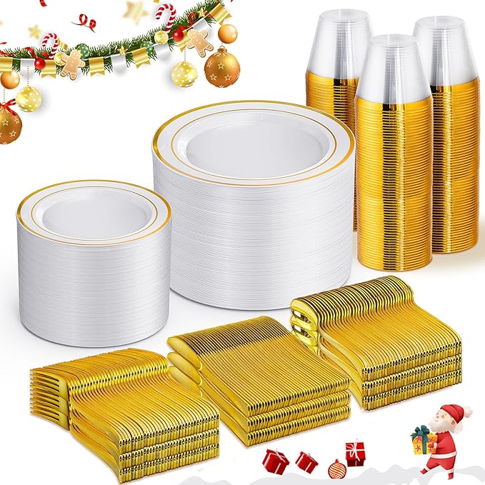 WELLIFE 600 PCS Gold Disposable Dinnerware Set for 100 Guests, Gold and White Plastic Plates for Party, 100 Each-Dinner & Salad Plates, Cups, Forks Knives Spoons for Christmas Wedding and Party