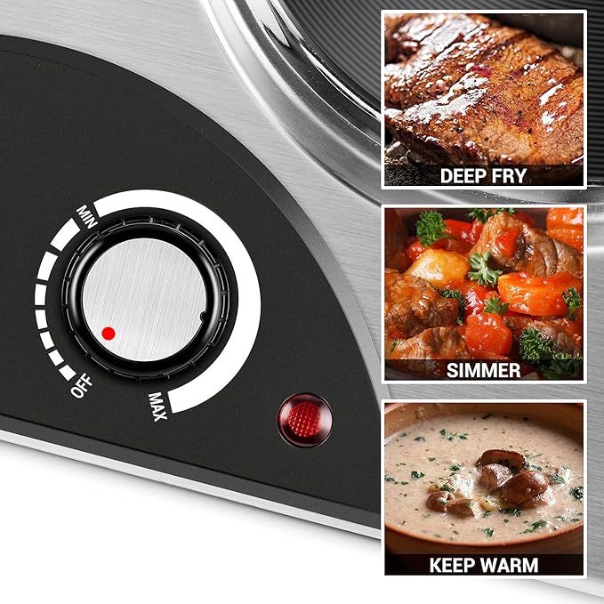 Double Burner, CUSIMAX 1800 Watts Electric Hot Plate for Cooking, Countertop Burner Portable Cast Iron Hot Plates with Dual Adjustable Temperature, Easy to Clean, Sliver