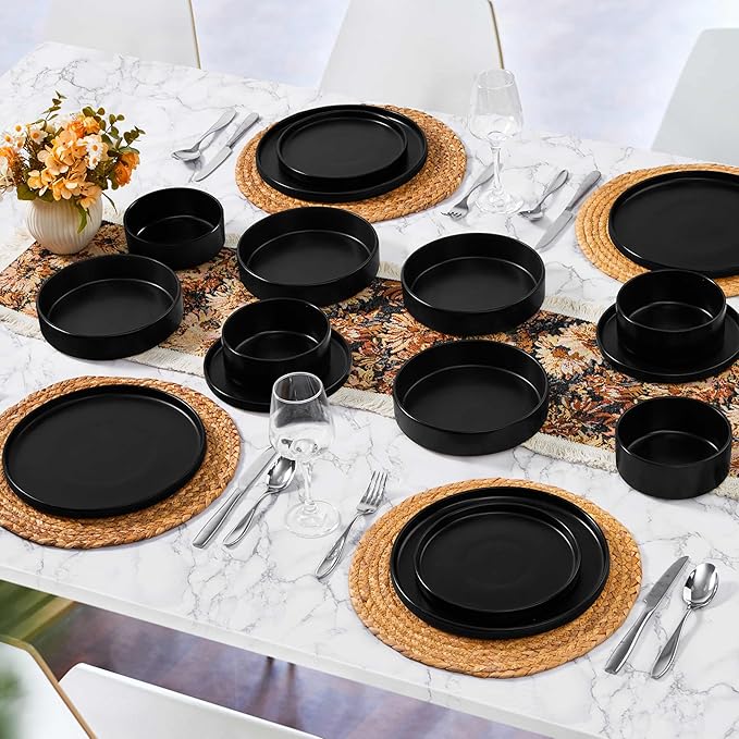 Herogo Dinnerware Sets with Pasta Bowls for 6, 24 Piece Dinner Salad Plates and Cereal Serving Bowls, Stoneware Dishes Dinner Ware for Home Kitchen, Dishwasher & Microwave Safe, Matte Black