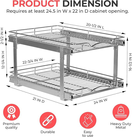 HOLDN’ STORAGE Two Tier Pull Out Cabinet Organizer, Individual Sliding Drawers - Heavy Duty Metal with Lifetime Limited Warranty - Anti Rust Chrome Finish - 24" W x 21”D x 16.5" H