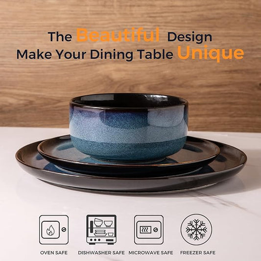 LERATIO Ceramic Dinnerware Sets for 8,Stoneware Plates and Bowls Sets,Reactive Glaze Dishes Set,Highly Chip and Crack Resistant | Dishwasher & Microwave & Oven Safe Dishes set,Service for 8-Blue(24pc)