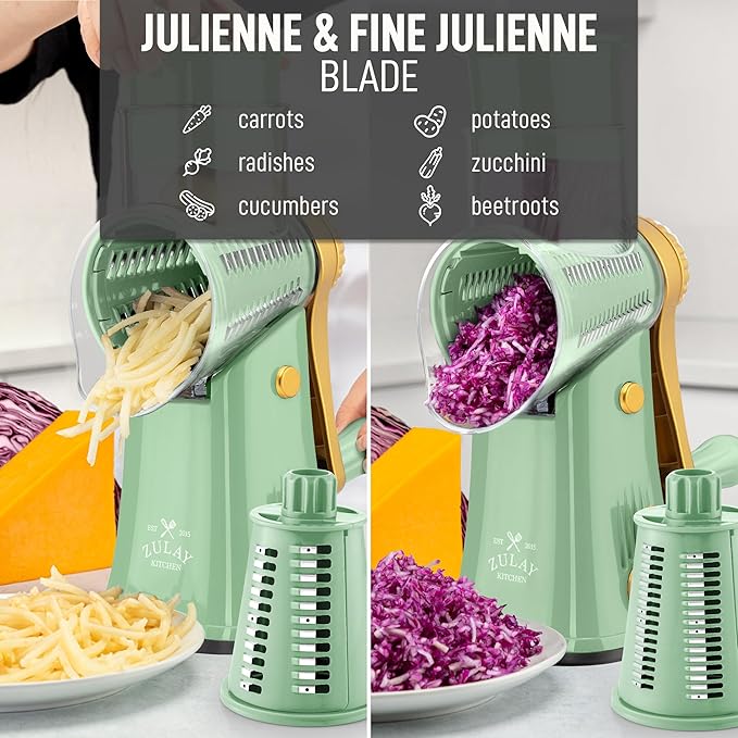 Zulay Kitchen Rotary Cheese Grater 5 Blade Cheese Shredder - Manual Hand Crank Cheese Grater With Reinforced Suction & 5 Interchangeable Drums - Easy to Use, Vegetable Chopper Round Mandoline Slicer
