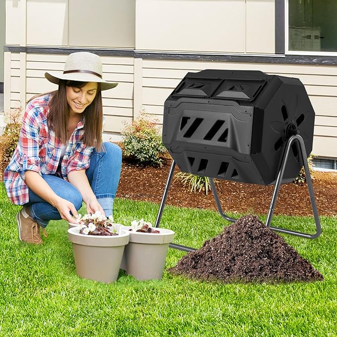 Goplus Compost Bin, Outdoor 42-Gal Dual Chamber Composting Tumbler w/2 Sliding Doors, Heavy-Duty Metal Frame, 360° Rotatable Tumbling Composter, BPA-Free Compost Tumbler for Kitchen Garden Yard Waste
