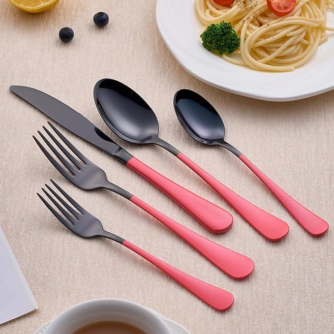 20-Piece Black Silverware Set 18/0 Stainless Steel Silverware Set Pink Handle Cutlery Set Service for 4 Dinner Knives Forks Spoons Set Flatware Set Finish Dishwasher Safe(Black and Pink)