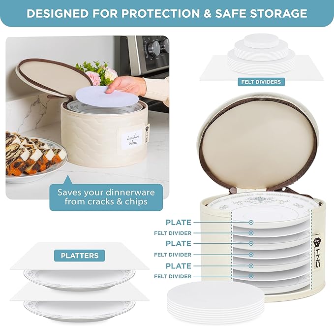 Hard Shell China Storage Containers 12-Piece Set Moving Boxes for Dinnerware, Glasses, Plates, Mugs and Saucers Sturdy Dish Organizer with Dividers for Seasonal Storage - Service for 12 -Beige Quilted