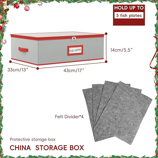 homyfort Platter Storage Case, Christmas China Storage Containers Box Hard Shell 17" x 13" x 5.5" for Platters Organizing, 4 Felt Dividers Included, Structured Top and Stackable