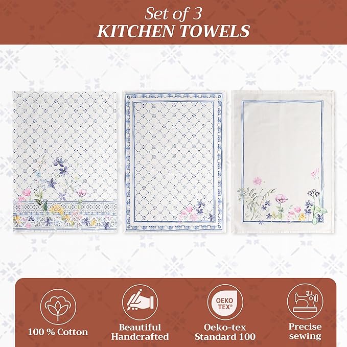 Maison d' Hermine Kitchen Towels Set of 3 100% Cotton 27.50" x 20" Reusable Cloth Tea Dish Towels Absorbent with Hanging Loop for Kitchen, Home, Dining, Cocktail Parties Spring/Summer (Faience)