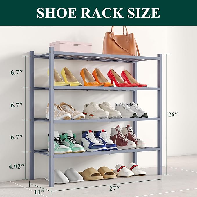Smiry Shoe Rack, 4 Tier Bamboo Shoe Organizer, Stackable Free Standing Wooden Shoe Storage Shelf for Closet, Entryway, Front Door Entrance, Grey