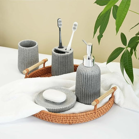 4-Piece Bathroom Accessory Set - Modern Resin & Sandstone Collection - Includes Soap Dispenser 8.5oz, Toothbrush Holder, Tumbler, Soap Dish (Grey)