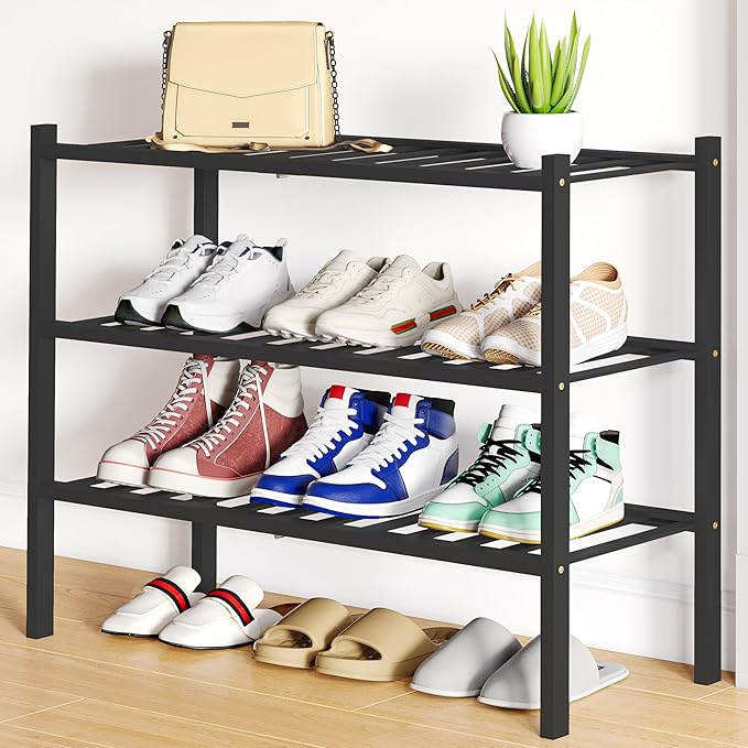 Smiry Shoe Rack, 3 Tier Bamboo Shoe Organizer, Stackable Free Standing Wooden Shoe Storage Shelf for Closet, Entryway, Front Door Entrance, Black