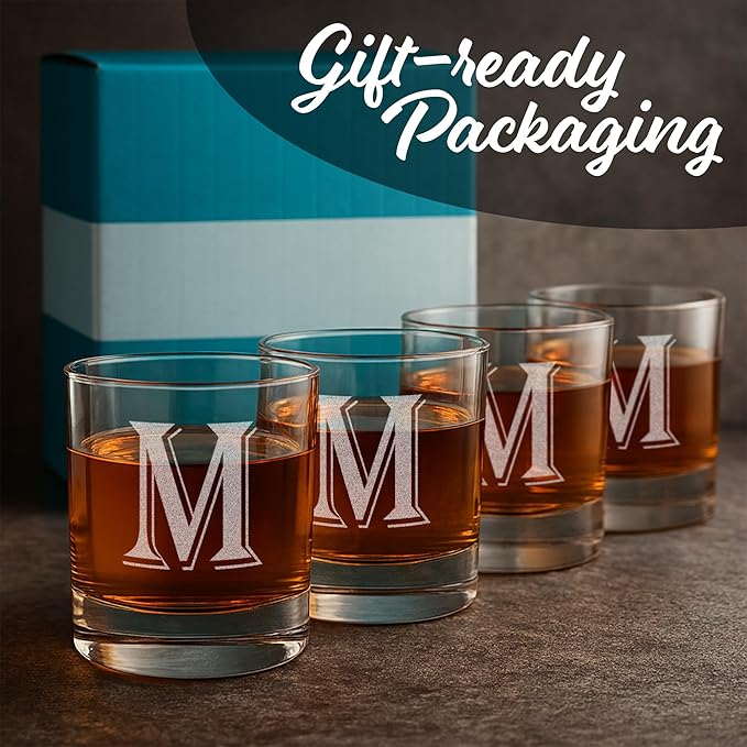 (M-Monogram)- 4 Piece Set of 11 Ounce Engraved Heavy Base Rocks Glasses Elegant Glass-Multi-Purpose Beverage-Rocks Glass- Gift for any Occasion- By: On The Rox