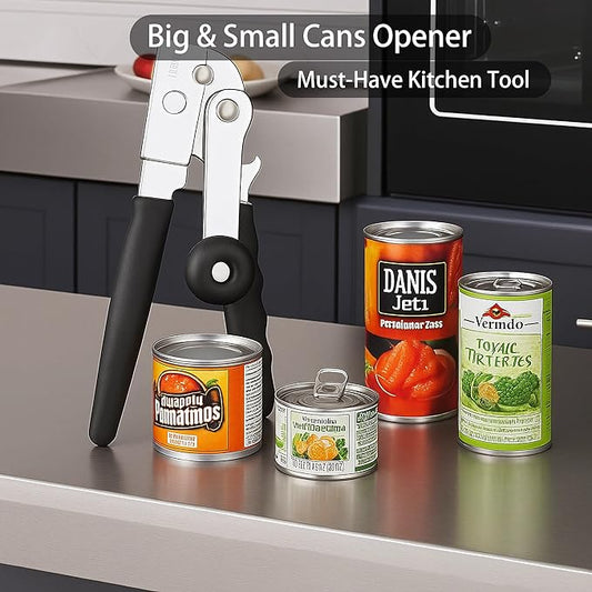 Heavy Duty Manual Can Opener Smooth Edge, Hand Crank Cans Opener for Adults Seniors, Kitchen Camping Tools, Stainless Steel, Black