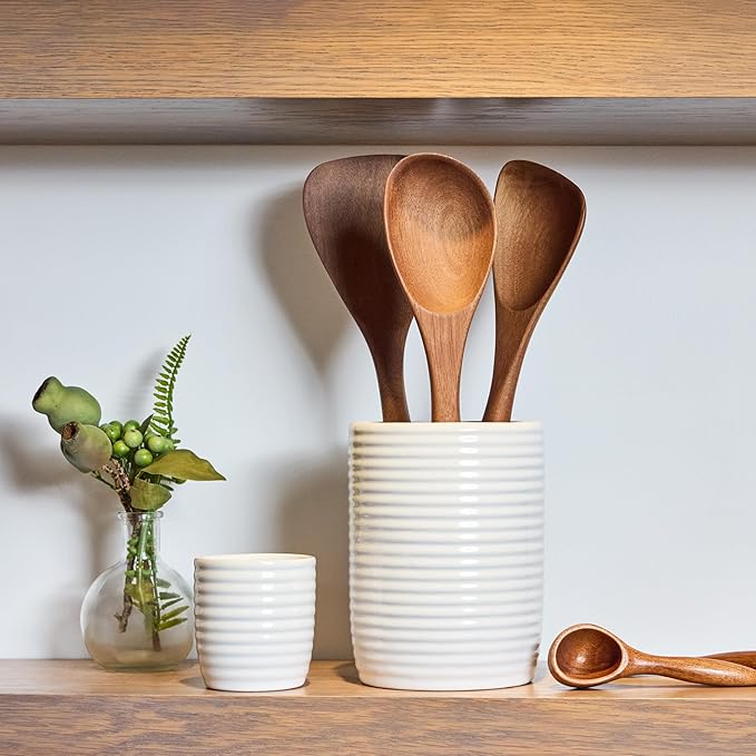 Nambe x Tom Papa Breaking Bread Canister with Acacia Wood Utensils - Contemporary Stoneware Kitchen Tool Holder, Includes Round Spoon, Flat Spoon & Spatula - Modern Baking & Cooking Tools