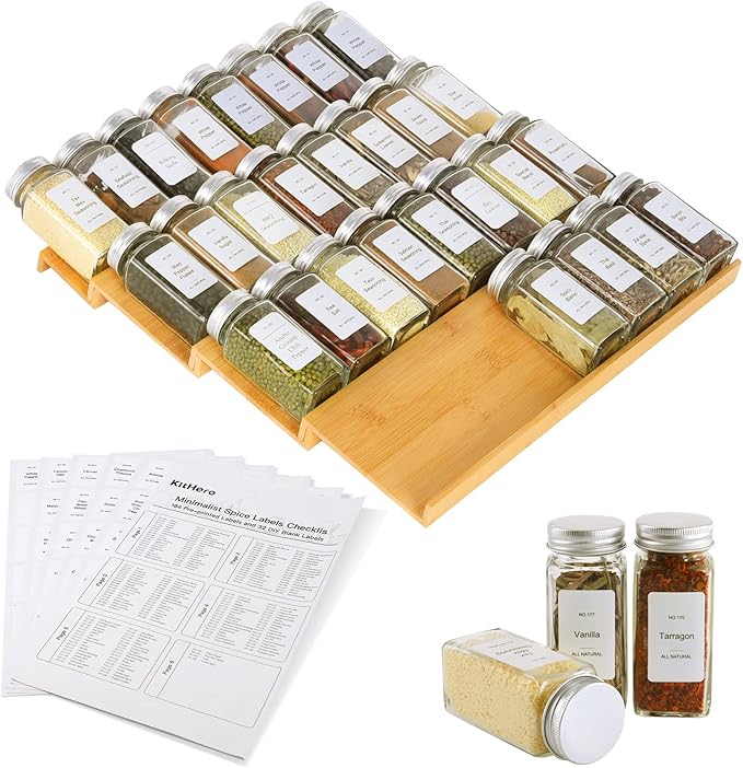 Spice Drawer Organizer with 28 Spice Jars,216 Labels,25 Non-slip Rubber, Bamboo 4 Tier Seasoning Rack Tray Insert for Kitchen Drawers,Cabinets,Countertop,14.6" Wide x 15.8" Deep