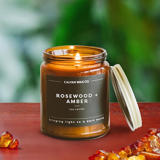 Calyan Wax Co. Rosewood & Amber Scented Candle - 57 Hour Burn - Luxury Non Toxic Soy Wax Candles - Long Lasting Amber Glass Jar Candle for Home - 7.2oz