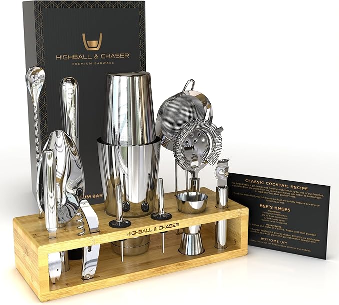 Highball & Chaser 13-Piece Boston Cocktail Shaker Set Stainless Steel Mixology Bartender Kit With Stand For Home Bar Cocktail Set | Laser Engraved Cocktail Tools | Plus E-Book with 30 Cocktail Recipes