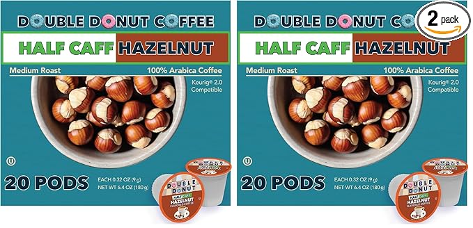 Double Donut Coffee Hazelnut Half Caff Coffee Pods, Single Serve Flavored Half Caffeine Coffee Pods For Keurig K Cup Brewers, Medium Roast, 20 Count (Pack of 2)