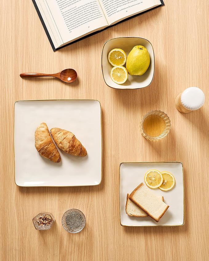 Famiware Dinnerware Sets for 4, Ocean Square 12-Piece Kitchen Plates and Bowls Sets, Microwave and Dishwasher Safe, Scratch Resistant, Vanilla White