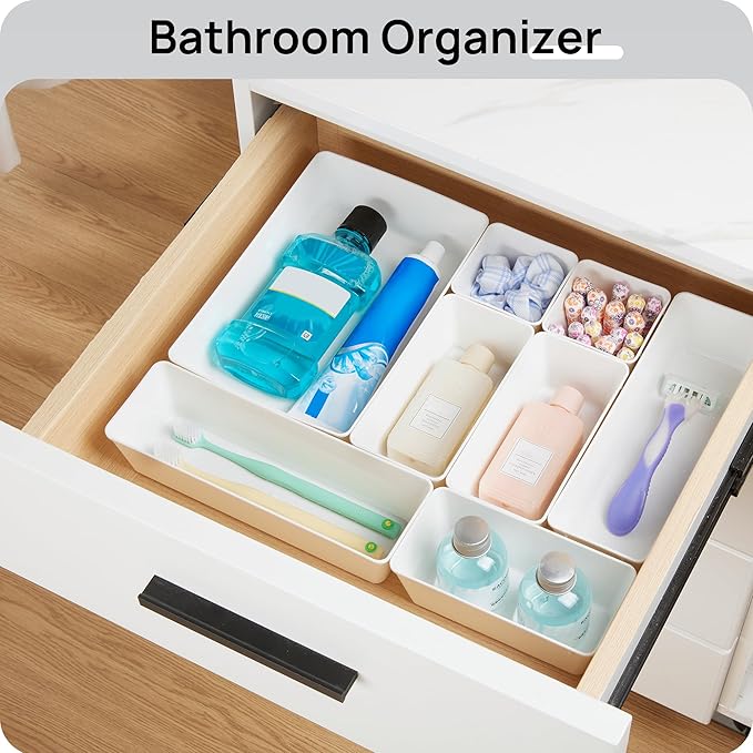 Vtopmart 44 PCS Plastic Drawer Organizers Set, 4-Size Versatile Bathroom and Vanity Organizer Trays, Non-Slip Storage Containers for Makeup, Jewelries, Bedroom,Kitchen Utensils and Office, White