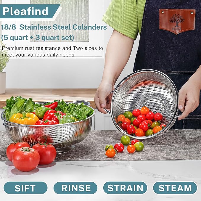 Pleafind 18/8 Stainless Steel Colander for Kitchen - 5 qt and 3 qt, Rapid-Flow Strainers and Colanders with Handle, Pasta Strainer with Sturdy Base for Stable Use, Rust-Resistant & Dishwasher Safe