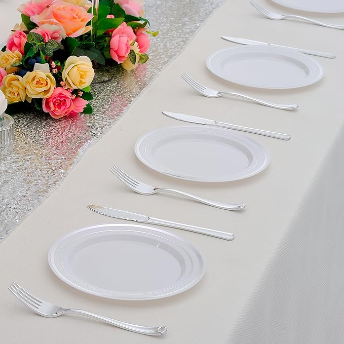 200pcs Silver Dessert Plates with Forks for 100 Guests-100pcs 7.5" Disposable Silver and White Small Plates with 100pcs 7.4" Forks-Cake/Appetizer/Salad Plate for Wedding,Birthday,Party
