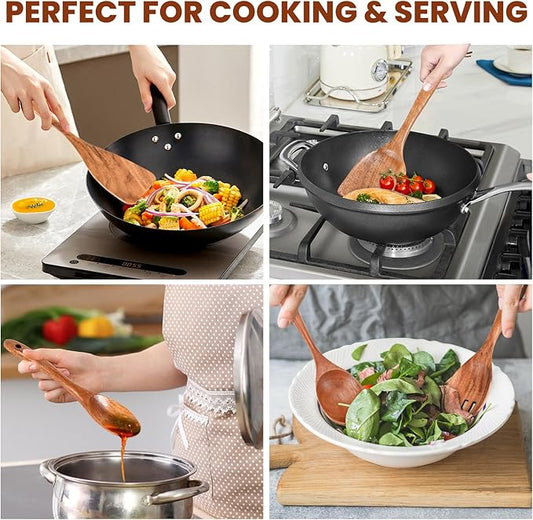 6x Wooden Spoons for Cooking Kitchen Utensil Set Smooth Finish Wooden Cooking Utensils Spoons Filter Spoon and Salad Fork Accessories+1x Kitchen Hooks for Hanging Utensils Rack