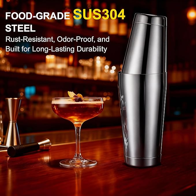 Boston Shaker Set, 18oz & 28oz 2-Piece Tins, Professional 304 Stainless Steel Cocktail Shaker with Leak-Proof Weighted Base for Bartending, Home & Bar Use (Silver)