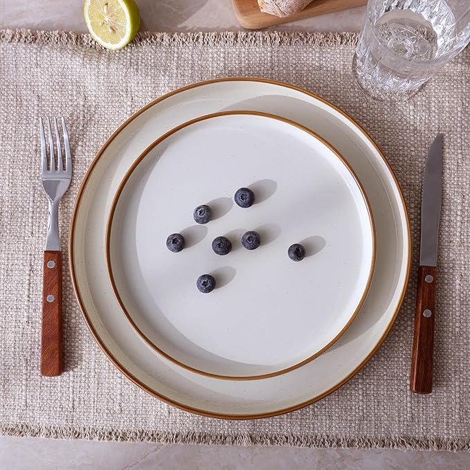 Famiware Nebula Plates and Bowls Sets for 4, 12 Pieces Stoneware Dinnerware Set, Microwave and Dishwasher Safe Dishes Set, Vanilla White with Brown Rim