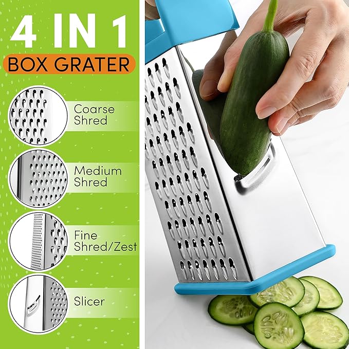 Spring Chef Professional 10" Stainless Steel Parmesan Cheese Grater with Handle, 4 Sided Handheld Box Grater, Kitchen Food Shredder for Potato, Cheese, Ginger, Veggie - Aqua Sky