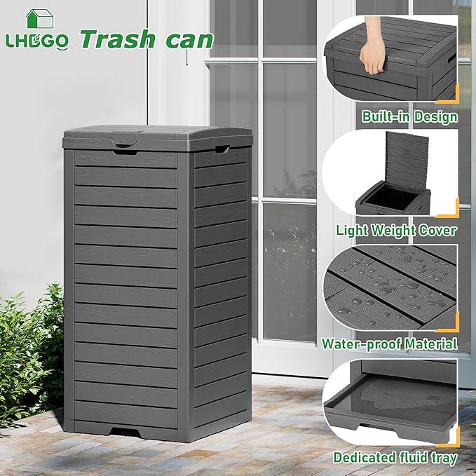 Outdoor Trash Can, 2 Set of 31 Gallon Garbage Can with Tiered Lid and Drip Tray, Waterproof Resin Patio Waste Bin for Garden, Backyard, Deck