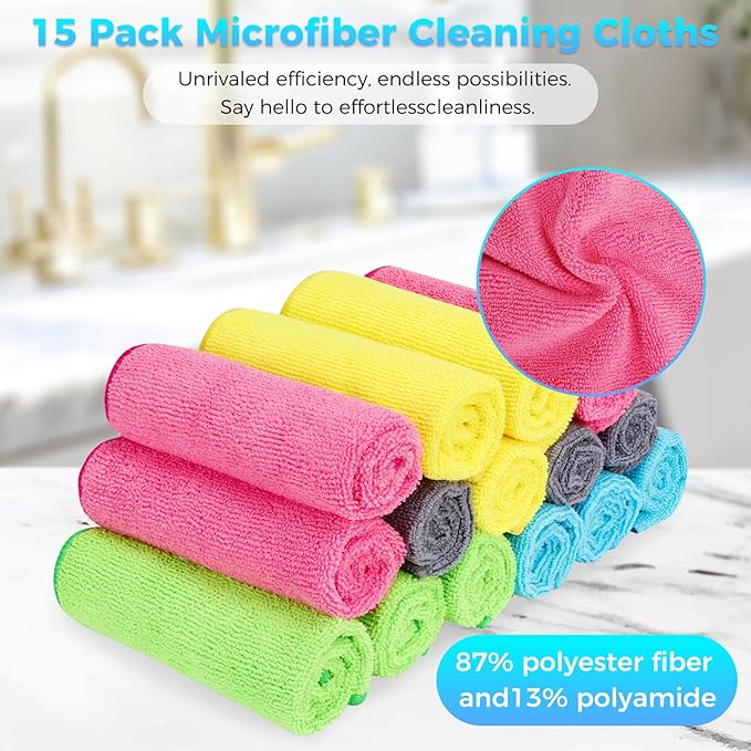 15pcs Microfiber Cleaning Cloth Lint Free, Absorbent, Streak Free, Non-Abrasive, Reusable and Washable,Cleaning Towels with 5 Color Assorted,11.5"X11.5"(Green/Blue/Yellow/Pink/Grey)