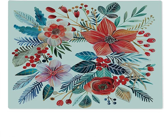 Ambesonne Christmas Cutting Board, Vintage Xmas Wreth Ornate Arrange with Poinsettia Flowers and Berries, Decorative Tempered Glass Cutting and Serving Board, Large Size, Dark Coral Petrol Blue