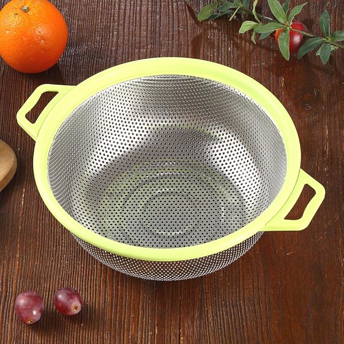 Stainless Steel Colander With Handle and Legs, Large Metal Green Strainer for Pasta, Spaghetti, Berry, Veggies, Fruits, Noodles, Salads, 5-quart 10.5” Kitchen Mesh Colander, Dishwasher Safe