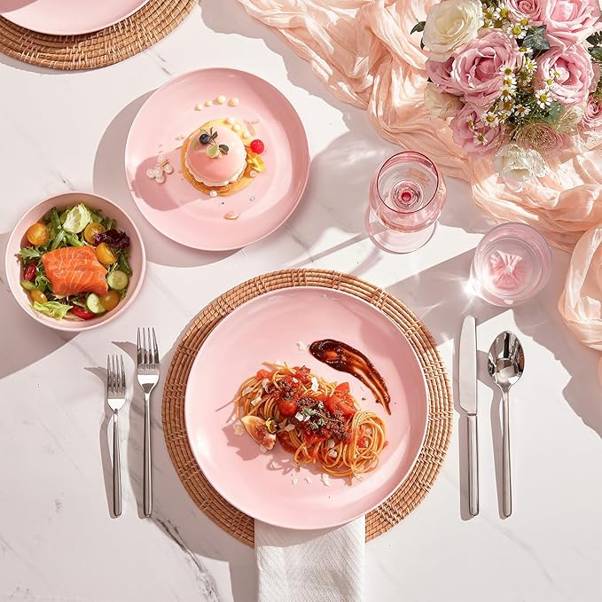KINGSTONE Bone China Dinnerware Sets, 18-Piece Dinnerware Set for 6, Lightweight Durable, Dishwasher Safe, Tableware for Daily Use with Elegant Design, Pink