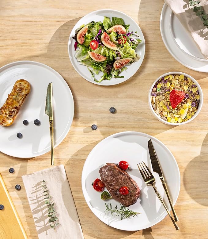 TheTerra Ceramic Dinnerware Sets for 8, 24 Pieces Porcelain Lightweight Plates and Bowls Sets, Scratch Resistant Dish Set, Oven & Microwave & Dishwasher Safe, Bright White