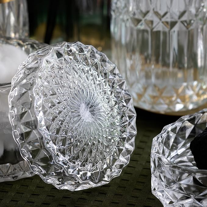 EMPO 6PCS Bathroom Clear Glass Accessories Set (Lotion Soap Dispenser, Soap Dish, Toothbrush Holder, Tumbler, Cotton Swab Jar), Contemporary Modern Decor Crystal Vintage Gift (6pcs Clear)