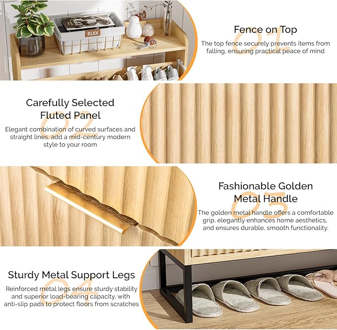 VINGLI Fluted Shoe Cabinet Storage for Entryway,Hidden Shoes Storage Cabinet with 2 Flip Drawers, Mid Century Modern Shoe Rack Organizer,Free Standing Shoes Organizer for Hallway(Natural Oak)
